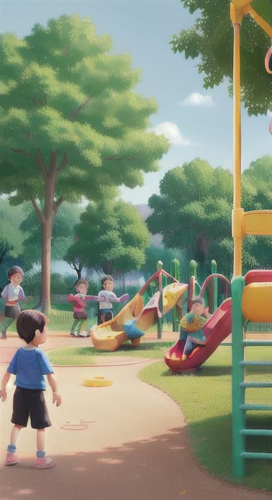  {Children playing in a sunny park with swings and slides., Same group of happy children, now wearing casual play clothes.