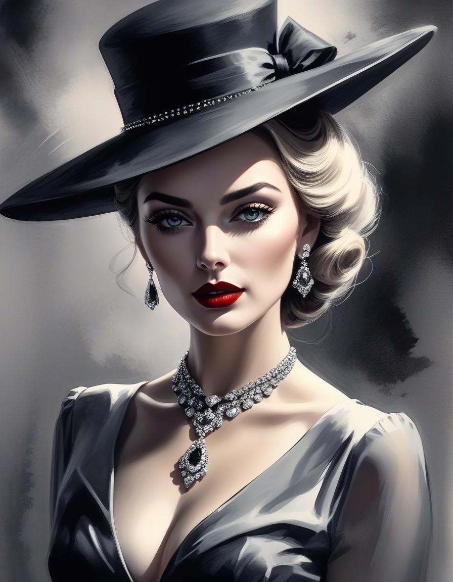  film noir style painting of a woman wearing a hat with a necklace, exquisite digital illustration, elegante pintura digital, linda pintura de persona gem, beautiful digital illustration, estilo de pintura digital, linda pintura digital, linda arte digital, no estilo aquarela, pintura linda, no art style by bowater, a beautiful art illustration, no estilo de aquarela digital, with ink blots and paint running down the screen . monochrome, high contrast, dramatic shadows, 1940s style, mysterious, cinematic hyperrealistic, full body, detailed clothing, highly detailed, cinematic lighting, stunningly beautiful, intricate, sharp focus, f/1. 8, 85mm, (centered image composition), (professionally color graded), ((bright soft diffused light)), volumetric fog, trending on instagram, trending on tumblr, HDR 4K, 8K