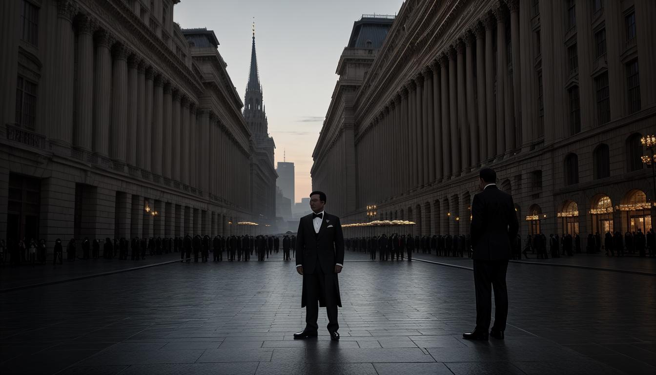  cinematic, aesthetic, a figure in formal attire, bowing slightly, with a serene expression, in front of a grand, authoritative building, somber, respectful, 4k, HDR, lens flare