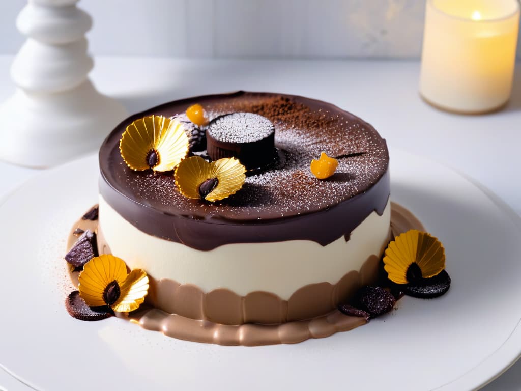  A closeup, ultradetailed image of a delicate, perfectly crafted dessert on a pristine white plate. The dessert is a work of art, showcasing intricate layers of smooth, glossy chocolate ganache, topped with a single shimmering gold leaf, and surrounded by a dusting of fine cocoa powder. The plate sits on a sleek, minimalist table setting, with soft, diffused natural light casting gentle shadows, emphasizing the dessert's exquisite details. hyperrealistic, full body, detailed clothing, highly detailed, cinematic lighting, stunningly beautiful, intricate, sharp focus, f/1. 8, 85mm, (centered image composition), (professionally color graded), ((bright soft diffused light)), volumetric fog, trending on instagram, trending on tumblr, HDR 4K, 8K