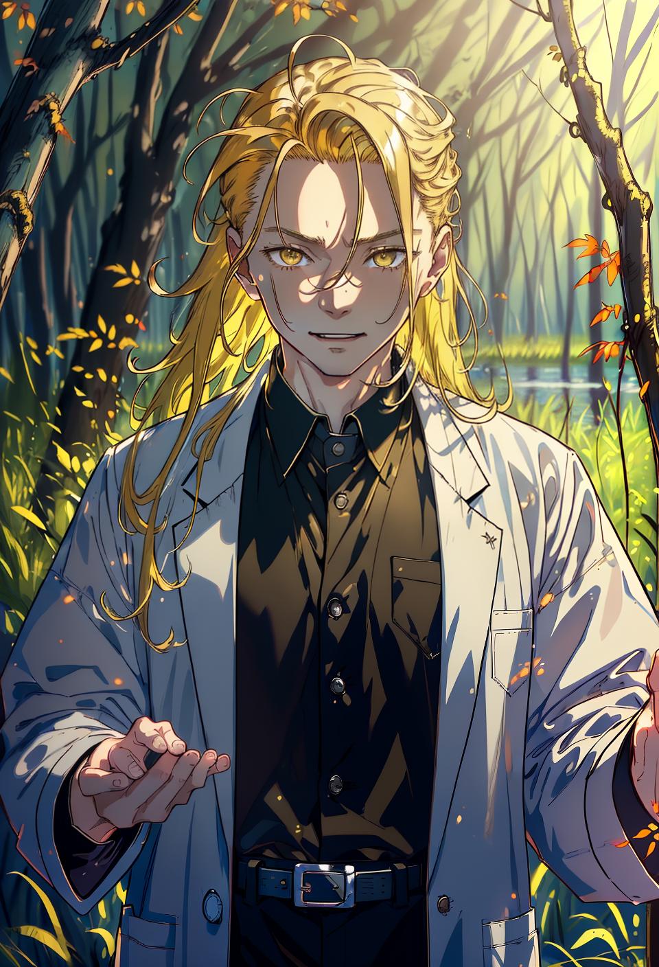  ((trending, highres, masterpiece, cinematic shot)), 1boy, chibi, male lab coat, swamp marsh scene, long messy yellow hair, hair slicked back, large amber eyes, personality, happy expression, fair skin, morbid, clever