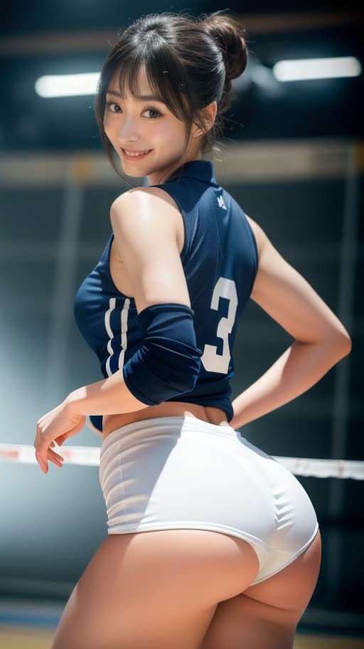  imagine 32K images, cinematography and exotic lighting, old beautiful , volleyball uniform, in small bloomers, man muscles, , nice round , back shot, Japanese, cute, big eyes, long eyelashes, fringe, well formed face, well made eyes, small face , ((actress resembling Suzu Hirose)), smiling happily, looking at viewer, smiling, (sweaty uniform), gymnasium, indoor, volleyball court, hyperrealistic, full body, detailed clothing, highly detailed, cinematic lighting, stunningly beautiful, intricate, sharp focus, f/1. 8, 85mm, (centered image composition), (professionally color graded), ((bright soft diffused light)), volumetric fog, trending on instagram, trending on tumblr, HDR 4K, 8K