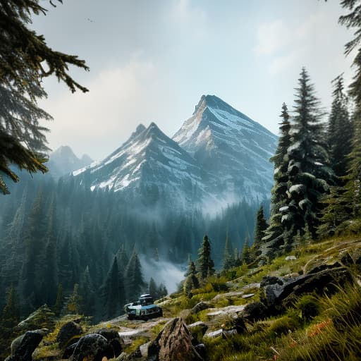 redshift style Mountain Majesty hyperrealistic, full body, detailed clothing, highly detailed, cinematic lighting, stunningly beautiful, intricate, sharp focus, f/1. 8, 85mm, (centered image composition), (professionally color graded), ((bright soft diffused light)), volumetric fog, trending on instagram, trending on tumblr, HDR 4K, 8K