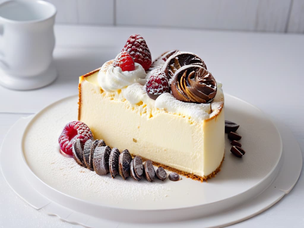  A highresolution, ultradetailed image of a decadent slice of lowcalorie cheesecake, perfectly plated on a sleek, modern white dish. The cheesecake is adorned with a generous swirl of light and airy whipped cream, delicately dusted with a sprinkle of cocoa powder and garnished with a vibrant, plump raspberry on top. The smooth, creamy texture of the cheesecake is evident, and the contrasting colors of the dessert against the pristine white backdrop create a visually stunning and appetizing composition. hyperrealistic, full body, detailed clothing, highly detailed, cinematic lighting, stunningly beautiful, intricate, sharp focus, f/1. 8, 85mm, (centered image composition), (professionally color graded), ((bright soft diffused light)), volumetric fog, trending on instagram, trending on tumblr, HDR 4K, 8K