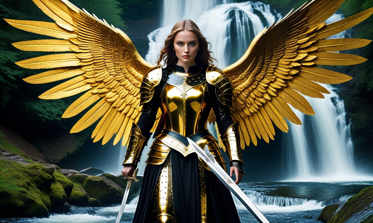  cinematic film still A very beautiful angel with two wings, in full shiny black and gold armor Gothic Milanese armor of the mid 15th century, as in the paintings of Konrad Witz, with a huge Zweihander sword in her hands , stands at the foot of the waterfall, Mesmerizing woman detailed hot eyes, lively look, stunning, highly detailed, Full lenght Sculpture of Aphrodite with athletic body made of chicolate, stands on a porcelain pedestal, captivating lady, full character art in blenser 3d using volumetric and blurred light, loop renderer in a dark divine ambient setting, 4k, soft details, wlop, vray, black background., Editorial low angle shot of a stunning supermodel wearing deep red dark tulle, with long hair flowin hyperrealistic, full body, detailed clothing, highly detailed, cinematic lighting, stunningly beautiful, intricate, sharp focus, f/1. 8, 85mm, (centered image composition), (professionally color graded), ((bright soft diffused light)), volumetric fog, trending on instagram, trending on tumblr, HDR 4K, 8K