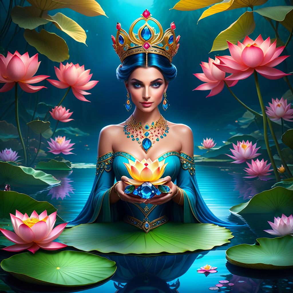  ethereal fantasy concept art of (Background): a lake with blooming lotuses of different shades: from white pink to bright crimson and leaves of tender green colour. The sky above the lake of dark blue colour with golden stars scattered on it. (Fantasy Princess Frog): in the centre of the lake on the biggest lotus flower sits a charming frog in a golden crown decorated with blue and blue precious stones. In his paws he holds a ring decorated with blue stones. Style: fantasy, Russian fairy tales, illustrations. . magnificent, celestial, ethereal, painterly, epic, majestic, magical, fantasy art, cover art, dreamy hyperrealistic, full body, detailed clothing, highly detailed, cinematic lighting, stunningly beautiful, intricate, sharp focus, f/1. 8, 85mm, (centered image composition), (professionally color graded), ((bright soft diffused light)), volumetric fog, trending on instagram, trending on tumblr, HDR 4K, 8K