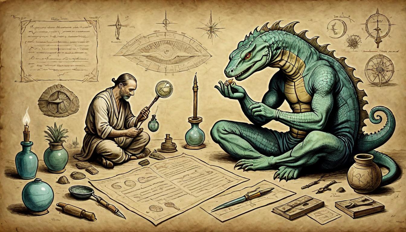  on parchment, surrealism+++, Reptilian figure tending to mundane tasks, background with organized tools and artifacts, human figure meditating, sense of daily life balance, spiritual focus, dim and serene(mysterious, provocative, symbolic,muted color)+++