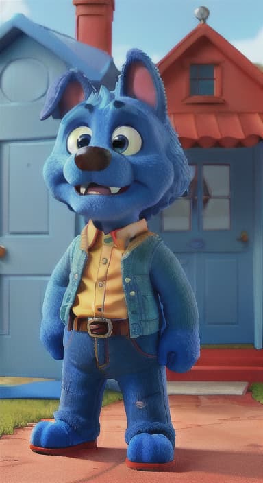  {Max the big blue dog standing in front of a cozy little house with a red door, The big blue dog is large with sky blue fur, big round eyes, a black nose, and floppy ears.