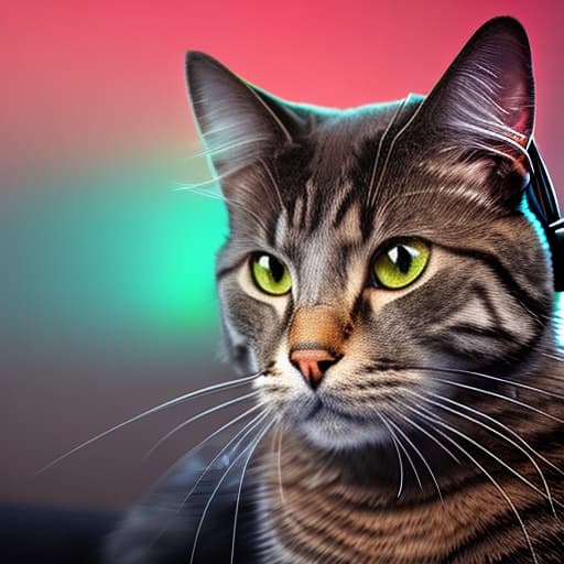 nvinkpunk Realistic image of a cat wearing headphones and reading glasses while riding a bus. hyperrealistic, full body, detailed clothing, highly detailed, cinematic lighting, stunningly beautiful, intricate, sharp focus, f/1. 8, 85mm, (centered image composition), (professionally color graded), ((bright soft diffused light)), volumetric fog, trending on instagram, trending on tumblr, HDR 4K, 8K