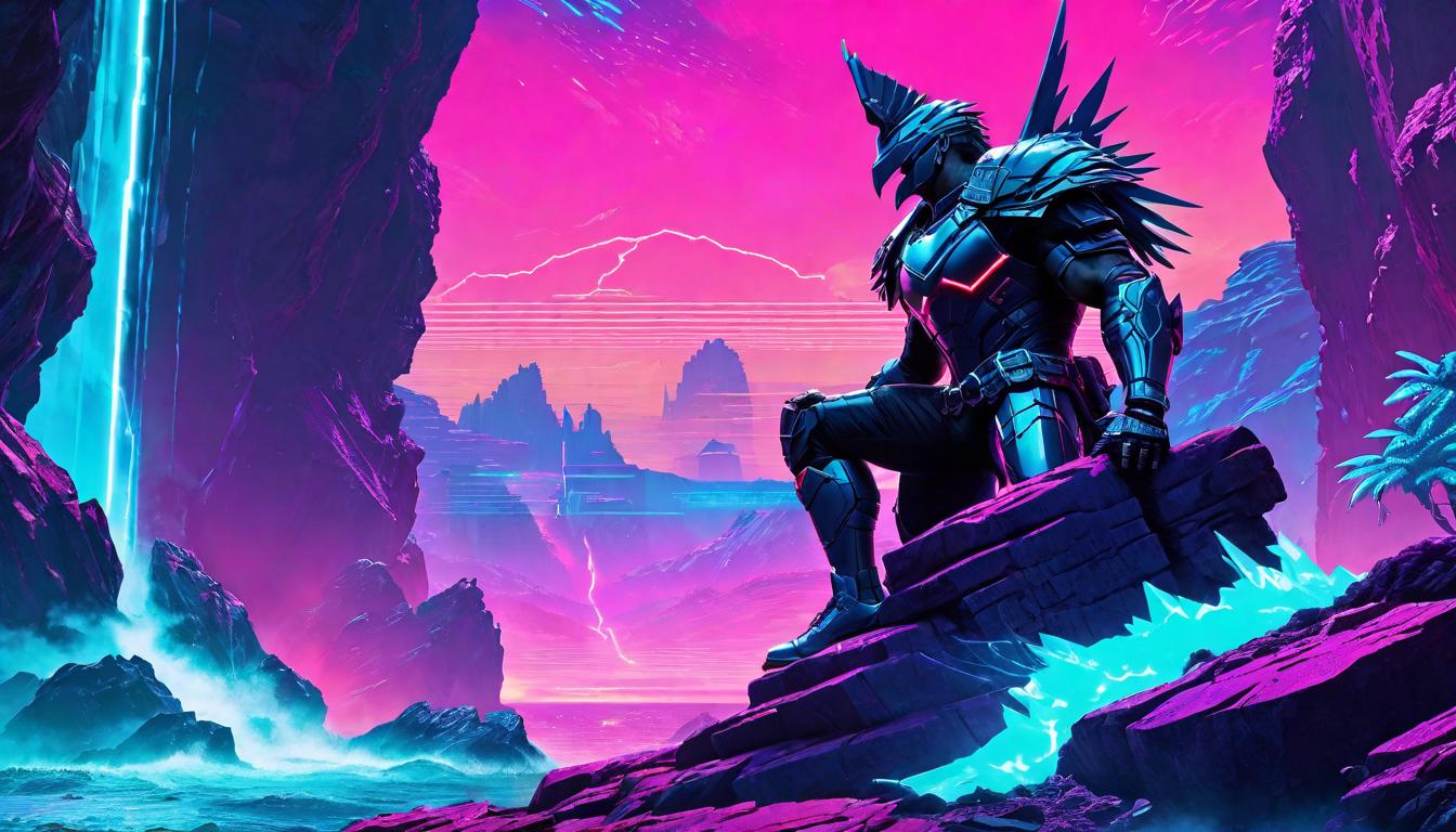  vaporwave,cyberpunk game style Chained to a jagged rock, Prometheus endures his ordeal under a vulture's looming shadow. A testament to suffering, the stark cost of defiance.eon, dystopian, futuristic, digital, vibrant, detailed, high contrast, reminiscent of cyberpunk genre video games,retro aesthetic, cyberpunk, vibrant, neon colors, vintage 80s and 90s style, highly detailed