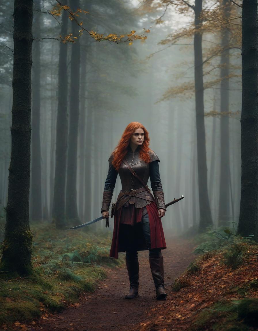  cinematic film still The era of medieval wars, a frame from a film, the most detailed image, cloudy and foggy autumn morning, rain, Chloe Grace Moretz with long light red hair, in a dark forest robber costume, holding a hunting knife in her right hand, with a combat dynamic expressive pose, prepared for battle, forest, maximum detail, especially carefully drawn faces, the maximum correspondence of historical medieval clothes, small details, the most correct anatomy, . shallow depth of field, vignette, highly detailed, high budget, bokeh, cinemascope, moody, epic, gorgeous, film grain, grainy hyperrealistic, full body, detailed clothing, highly detailed, cinematic lighting, stunningly beautiful, intricate, sharp focus, f/1. 8, 85mm, (centered image composition), (professionally color graded), ((bright soft diffused light)), volumetric fog, trending on instagram, trending on tumblr, HDR 4K, 8K