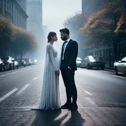  a man with his girlfriend, ghost hyperrealistic, full body, detailed clothing, highly detailed, cinematic lighting, stunningly beautiful, intricate, sharp focus, f/1. 8, 85mm, (centered image composition), (professionally color graded), ((bright soft diffused light)), volumetric fog, trending on instagram, trending on tumblr, HDR 4K, 8K