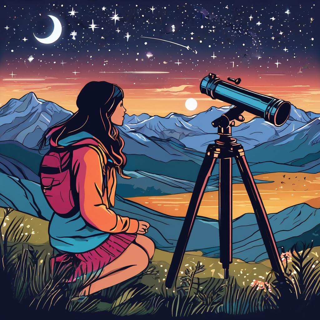  A girl in the mountains looks at the stars through a telescope