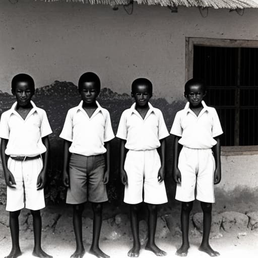  Standard one male pupils of Kondoa rural village in 1978. all wearing white shirts and khaki shorts. they show signs of poverty.