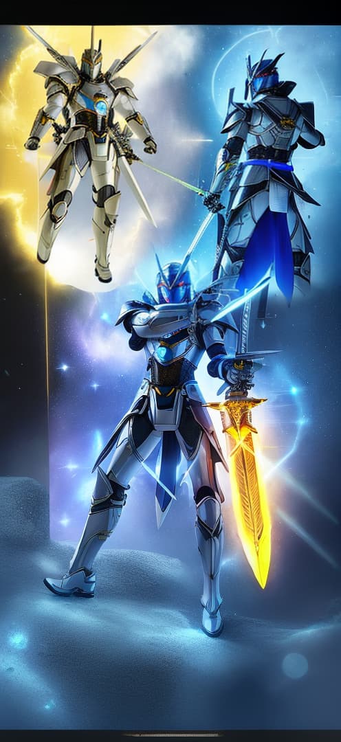  male hero with futuristic armor holding two swords sword of Orion and the buster blade of Sagittarius in the golden armor in human mode, hyperrealistic, high quality, highly detailed, cinematic lighting, intricate, sharp focus, f/1. 8, 85mm, (centered image composition), (professionally color graded), ((bright soft diffused light)), volumetric fog, trending on instagram, HDR 4K, 8K