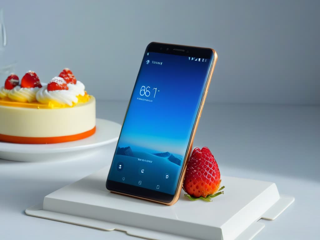  A minimalistic image of a sleek, modern smartphone displaying a vibrant and intricately designed dessert creation on its screen. The dessert design features colorful layers, delicate decorations, and a professional finish, showcasing the capabilities of dessert design apps in a visually appealing manner. The background is clean and simple, emphasizing the detailed dessert design on the screen. hyperrealistic, full body, detailed clothing, highly detailed, cinematic lighting, stunningly beautiful, intricate, sharp focus, f/1. 8, 85mm, (centered image composition), (professionally color graded), ((bright soft diffused light)), volumetric fog, trending on instagram, trending on tumblr, HDR 4K, 8K