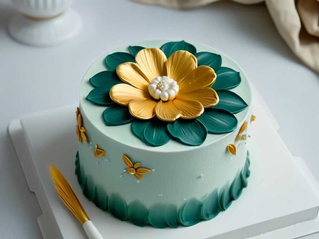  A closeup, ultradetailed image of a delicate fondant flower being meticulously painted with edible gold paint, showcasing the intricate brush strokes and vibrant shimmer of the metallic finish. hyperrealistic, full body, detailed clothing, highly detailed, cinematic lighting, stunningly beautiful, intricate, sharp focus, f/1. 8, 85mm, (centered image composition), (professionally color graded), ((bright soft diffused light)), volumetric fog, trending on instagram, trending on tumblr, HDR 4K, 8K