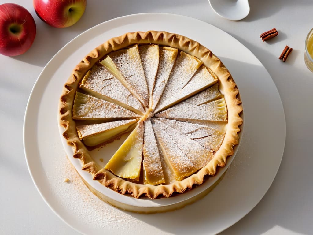  A closeup, ultradetailed image of a freshly baked glutenfree apple pie, featuring golden brown crust with a sprinkle of cinnamon, glistening apple slices arranged in a circular pattern, and a light dusting of powdered sugar on top. The pie sits on a sleek, white porcelain plate, set against a simple, modern backdrop to highlight its delicious texture and inviting aroma. hyperrealistic, full body, detailed clothing, highly detailed, cinematic lighting, stunningly beautiful, intricate, sharp focus, f/1. 8, 85mm, (centered image composition), (professionally color graded), ((bright soft diffused light)), volumetric fog, trending on instagram, trending on tumblr, HDR 4K, 8K