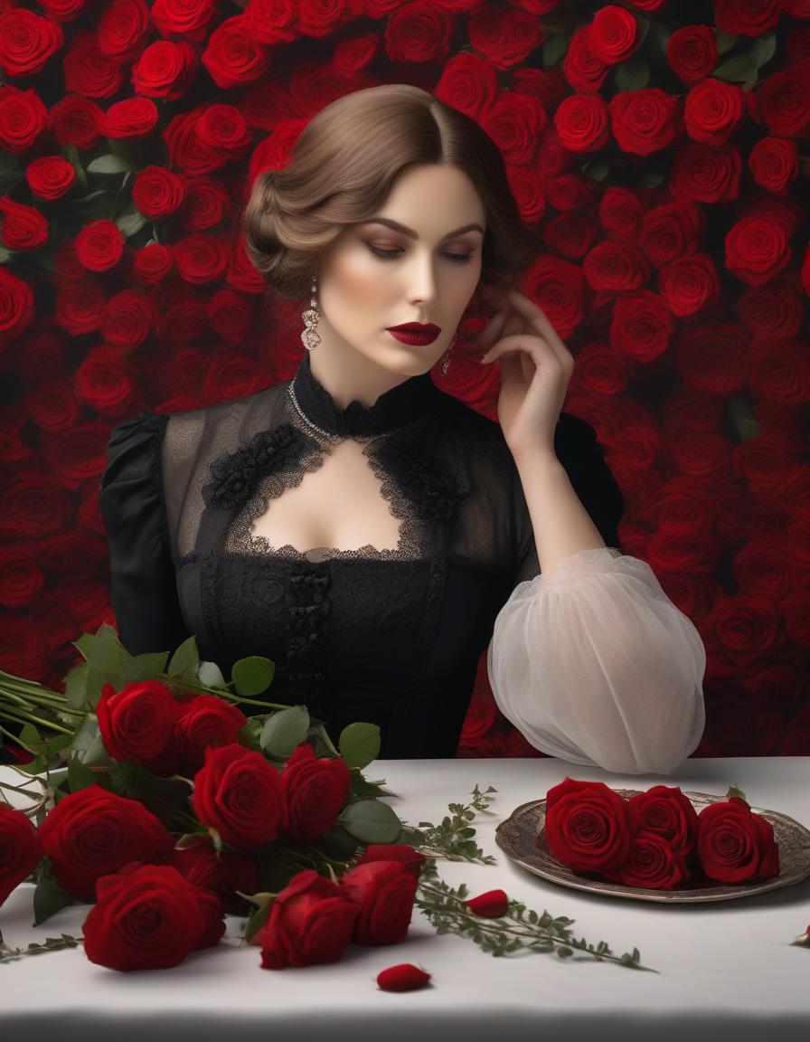  A Victorian Beauty in Mourning Wearing a Black Dress with a Bouquet of Red Roses During the 1870s Decade. A Table Contains a Bouquet of Red Roses. hyperrealistic, full body, detailed clothing, highly detailed, cinematic lighting, stunningly beautiful, intricate, sharp focus, f/1. 8, 85mm, (centered image composition), (professionally color graded), ((bright soft diffused light)), volumetric fog, trending on instagram, trending on tumblr, HDR 4K, 8K