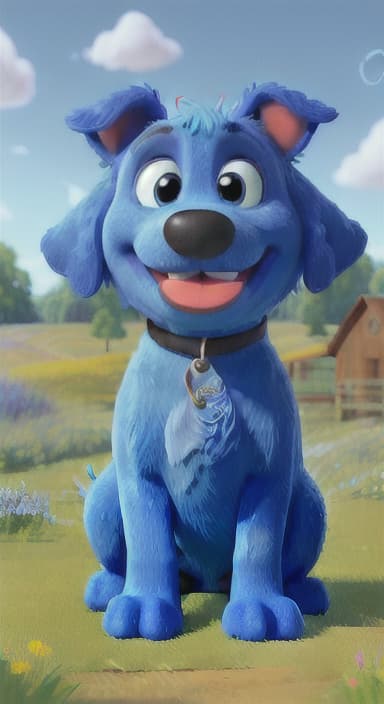  {A happy, big blue dog wagging its tail in a colorful meadow, The big blue dog is large with sky blue fur, big round eyes, a black nose, and floppy ears.