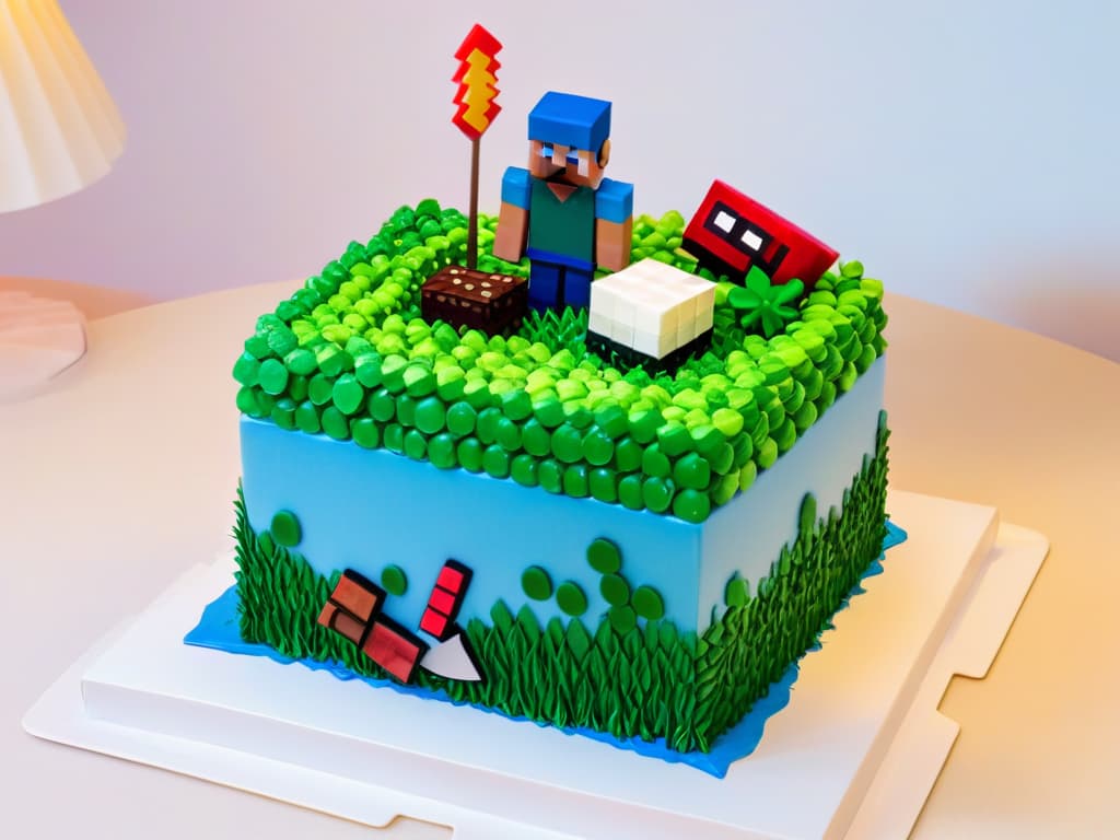  \newline A photorealistic image of a Minecraftthemed cake towering with edible pixelated blocks resembling the game's signature grass, stone, and water textures. The cake is intricately crafted to replicate the iconic landscapes of Minecraft, complete with miniature edible characters like Steve and Creepers placed strategically around the sugary terrain. The colors are vivid and true to the game's palette, with a glossy finish that makes the cake look almost too perfect to eat. This visually stunning masterpiece is a gamer's dream dessert come to life, ready to inspire readers to recreate their own pixelated culinary adventures. hyperrealistic, full body, detailed clothing, highly detailed, cinematic lighting, stunningly beautiful, intricate, sharp focus, f/1. 8, 85mm, (centered image composition), (professionally color graded), ((bright soft diffused light)), volumetric fog, trending on instagram, trending on tumblr, HDR 4K, 8K