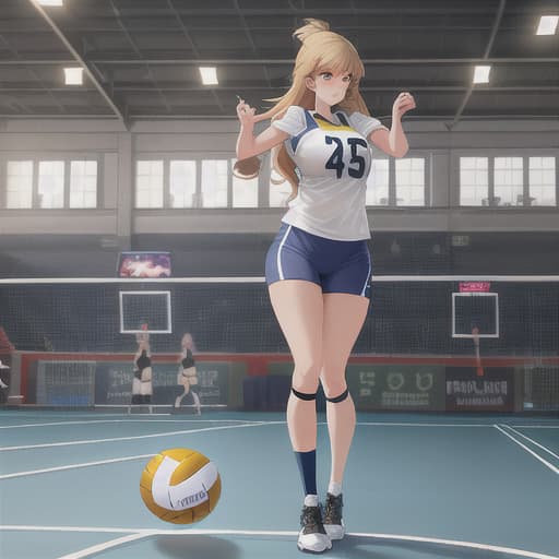  girl playing volleyball on a court with her friends hyperrealistic, full body, detailed clothing, highly detailed, cinematic lighting, stunningly beautiful, intricate, sharp focus, f/1. 8, 85mm, (centered image composition), (professionally color graded), ((bright soft diffused light)), volumetric fog, trending on instagram, trending on tumblr, HDR 4K, 8K