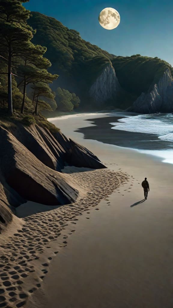  (A rough, uncharted coastline with towering cliffs and dense forests surrounding a secluded cove. In the foreground, a full moon illuminates a sandy beach where a lone figure digs through the sand, a map in hand, searching for a buried treasure chest.) hyperrealistic, full body, detailed clothing, highly detailed, cinematic lighting, stunningly beautiful, intricate, sharp focus, f/1. 8, 85mm, (centered image composition), (professionally color graded), ((bright soft diffused light)), volumetric fog, trending on instagram, trending on tumblr, HDR 4K, 8K