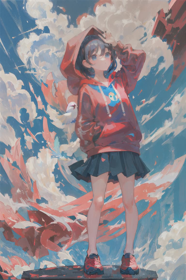  master piece , best quality,Black hair, bobbed hair, high school girl, red hoodie, light blue uniform, soda float, small white bird