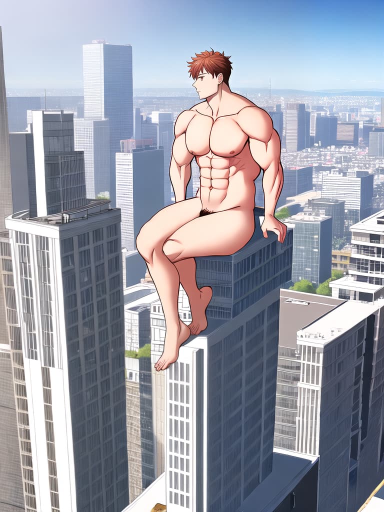  A giant, naked man sits on a building in a crowded city
