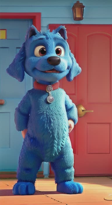  {Max the big blue dog standing in front of a cozy little house with a red door, The big blue dog is large with sky blue fur, big round eyes, a black nose, and floppy ears.