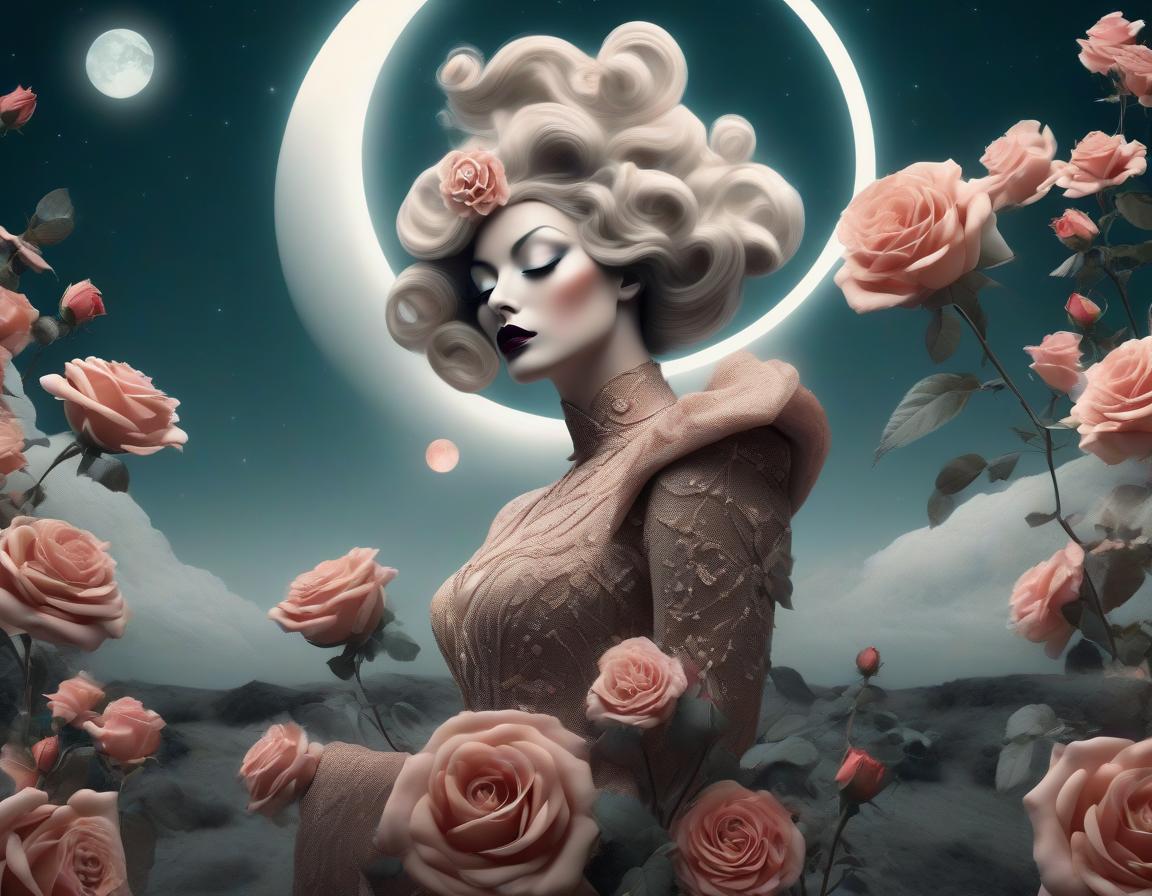  surrealist art An elaborate digital artwork of a woman in vintage attire with roses and a lunar backdrop. . dreamlike, mysterious, provocative, symbolic, intricate, detailed hyperrealistic, full body, detailed clothing, highly detailed, cinematic lighting, stunningly beautiful, intricate, sharp focus, f/1. 8, 85mm, (centered image composition), (professionally color graded), ((bright soft diffused light)), volumetric fog, trending on instagram, trending on tumblr, HDR 4K, 8K