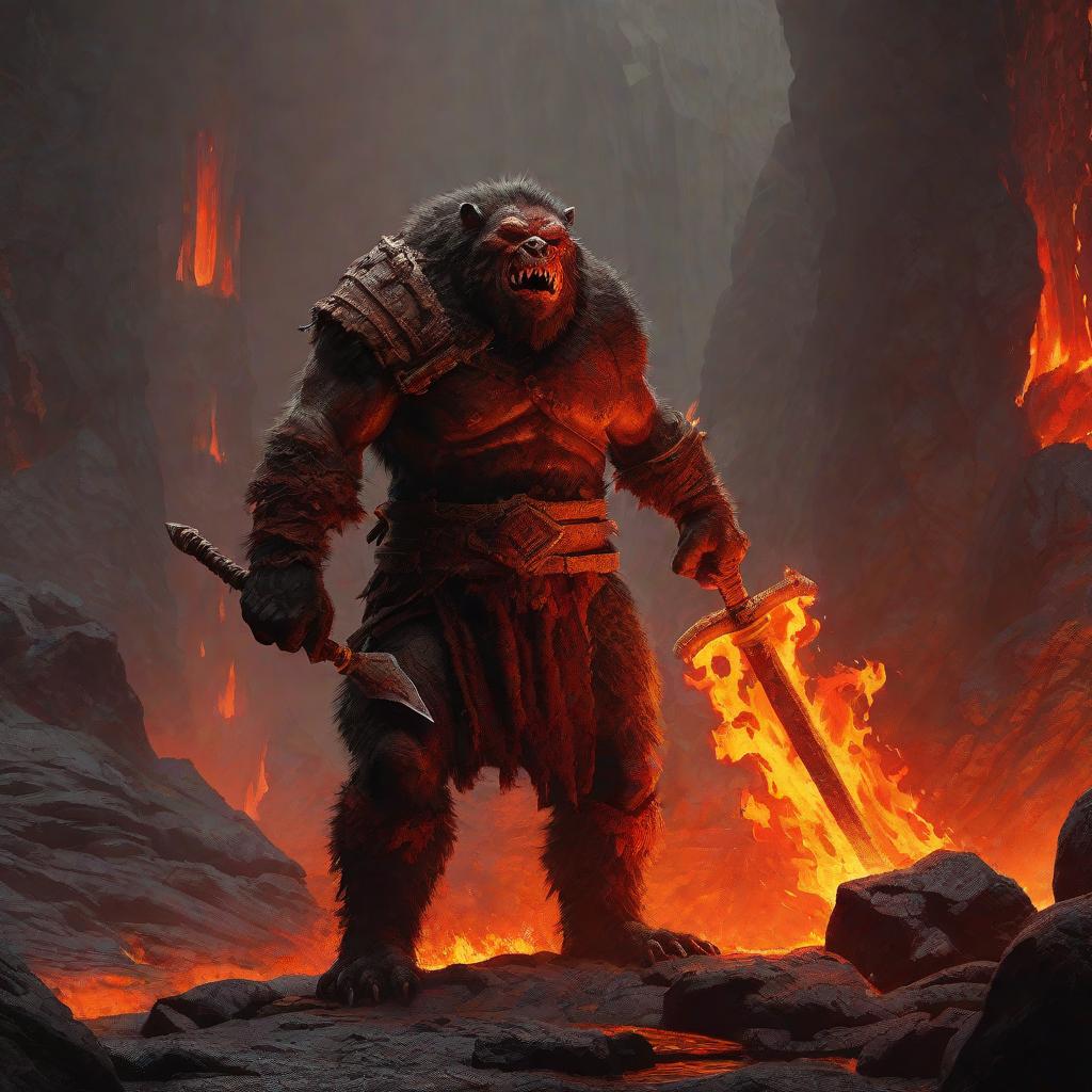  masterpiece, best quality, dnd, bugbear, holding, two flaming swords, standing,underground ,stalactites ,lava, masterpiece,top quality, best quality, 8k resolution