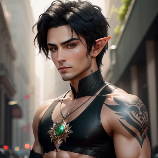  half-elf, male, short black hair, green eyes, tattoos, toned build, hyperrealistic, high quality, highly detailed, perfect lighting, intricate, sharp focus, f/1. 8, 85mm, (centered image composition), (professionally color graded), ((bright soft diffused light)), trending on instagram, HDR 4K, 8K