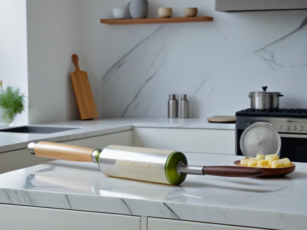  An ultradetailed 8k image of a sleek, minimalist kitchen countertop featuring a pristine white marble rolling pin and a polished stainless steel rolling pin side by side. The marble is veined elegantly, and the steel reflects a soft glow of light, showcasing the beauty and functionality of both materials. The background is a muted, neutral tone, emphasizing the simplicity and sophistication of the kitchen tools. hyperrealistic, full body, detailed clothing, highly detailed, cinematic lighting, stunningly beautiful, intricate, sharp focus, f/1. 8, 85mm, (centered image composition), (professionally color graded), ((bright soft diffused light)), volumetric fog, trending on instagram, trending on tumblr, HDR 4K, 8K