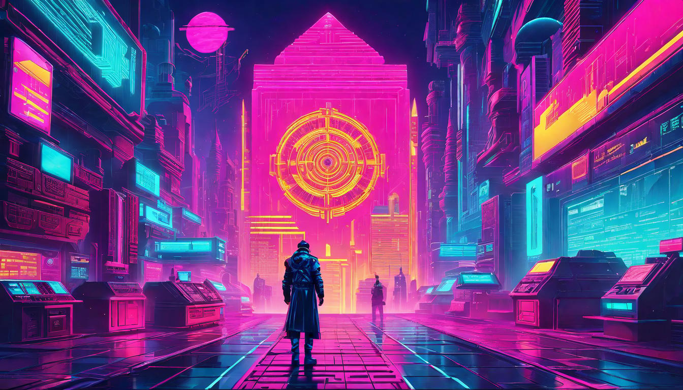  vaporwave,cyberpunk game style Master of time, elements swirling, ancient symbols, wise and powerfuleon, dystopian, futuristic, digital, vibrant, detailed, high contrast, reminiscent of cyberpunk genre video games,retro aesthetic, cyberpunk, vibrant, neon colors, vintage 80s and 90s style, highly detailed