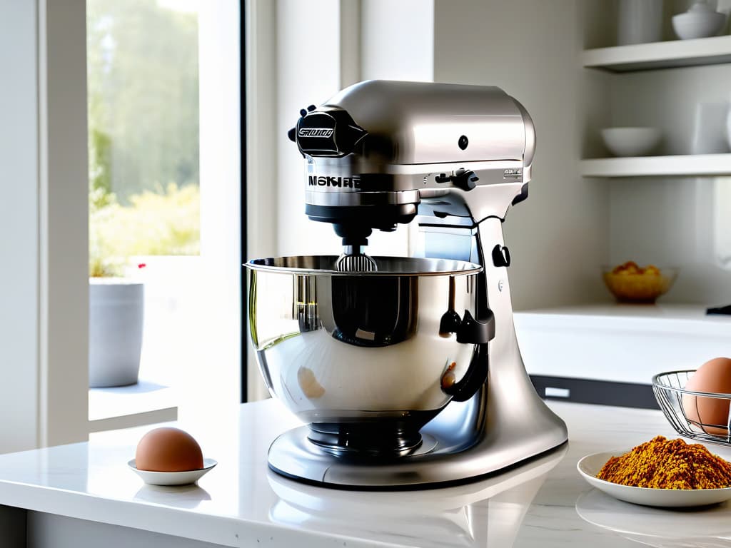  An ultradetailed image of a sleek, modern stand mixer in a pristine white kitchen setting. The mixer is adorned with a shiny metallic bowl, and the sunlight streaming in through the window catches the mixer's reflection, highlighting its elegant design and emphasizing its professionalgrade quality. The countertop is immaculately clean, with scattered ingredients like flour and eggs artfully arranged around the mixer, hinting at the baking process about to unfold. hyperrealistic, full body, detailed clothing, highly detailed, cinematic lighting, stunningly beautiful, intricate, sharp focus, f/1. 8, 85mm, (centered image composition), (professionally color graded), ((bright soft diffused light)), volumetric fog, trending on instagram, trending on tumblr, HDR 4K, 8K