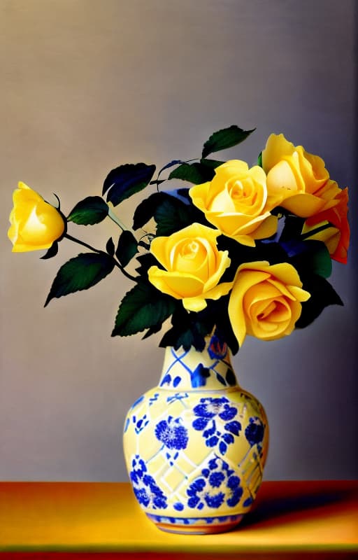 wa-vy style still life of yellow roses in a patterned blue vase, a piece of cantaloupe, and a small chinese figurine. ultra HD, 4K, high details