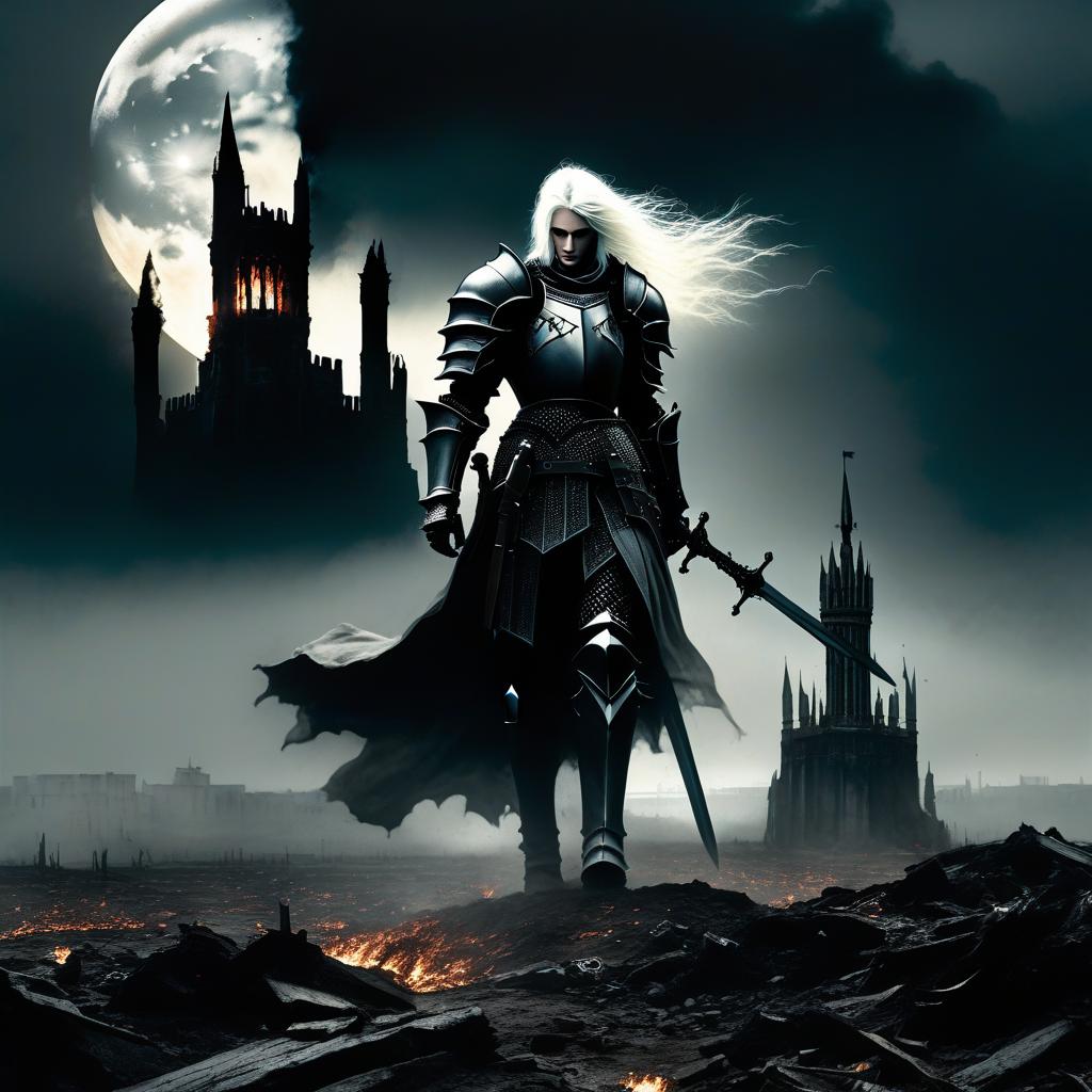  dystopian style Scene, wide shot, top view, on the right lower corner stands a black Gothic tower with a balcony, on which stands a girl in a white dress, with white hair and bare feet. From the upper left corner, riding towards the tower on a dark burnt black field, a knight in black armor gallops. It all happens at night with a full moon. In the frame, there should be a knight in black armor. . bleak, post apocalyptic, somber, dramatic, highly detailed hyperrealistic, full body, detailed clothing, highly detailed, cinematic lighting, stunningly beautiful, intricate, sharp focus, f/1. 8, 85mm, (centered image composition), (professionally color graded), ((bright soft diffused light)), volumetric fog, trending on instagram, trending on tumblr, HDR 4K, 8K