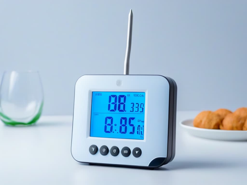  An ultradetailed, 8k resolution image featuring a sleek, modern digital kitchen thermometer with a large, easytoread display, set against a clean, white backdrop. The thermometer is shown up close, highlighting its precision and advanced technology, perfect for use in pastrymaking and other culinary endeavors. hyperrealistic, full body, detailed clothing, highly detailed, cinematic lighting, stunningly beautiful, intricate, sharp focus, f/1. 8, 85mm, (centered image composition), (professionally color graded), ((bright soft diffused light)), volumetric fog, trending on instagram, trending on tumblr, HDR 4K, 8K