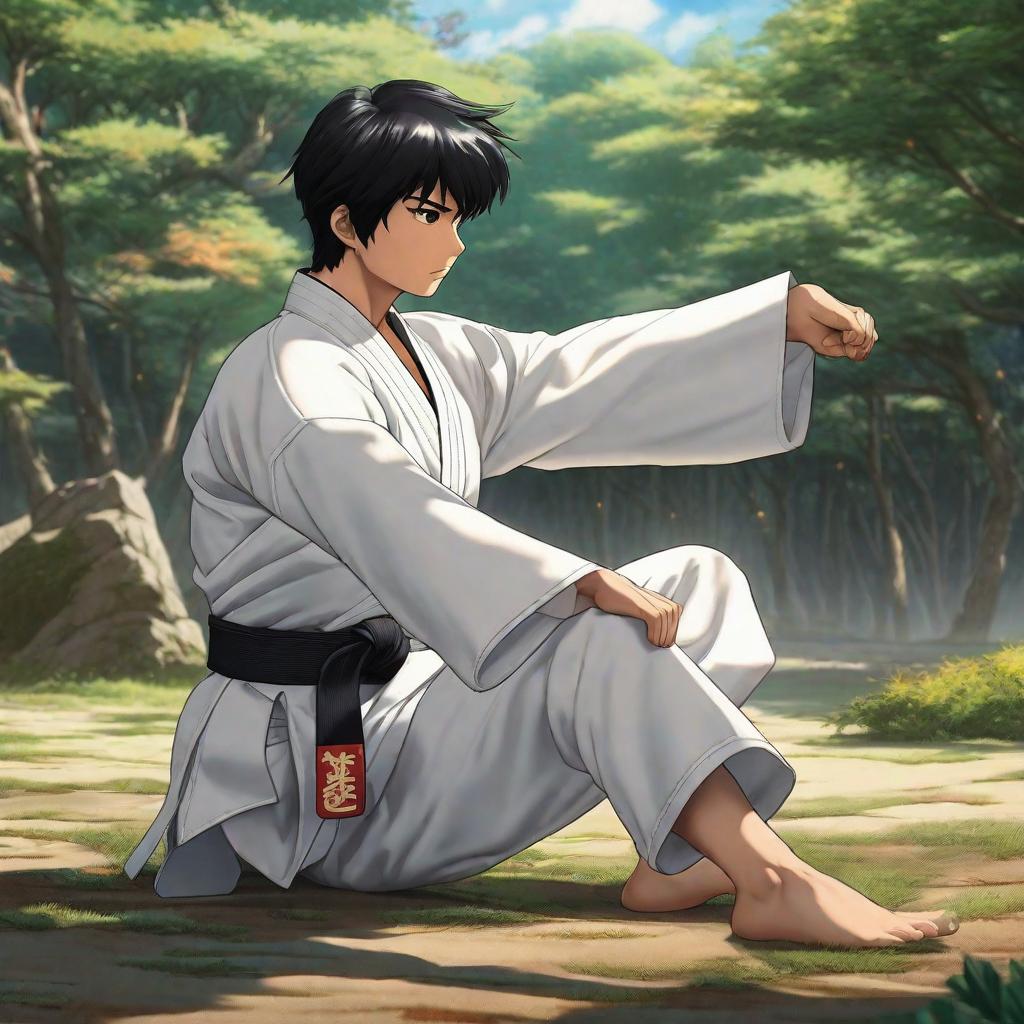  A black haired kid wearing a white karate uniform is unconscious on the ground., anime concept art by Hayao Miyazaki, featured on pixiv, fantasy art, concept art, official art, high detailed hyperrealistic, full body, detailed clothing, highly detailed, cinematic lighting, stunningly beautiful, intricate, sharp focus, f/1. 8, 85mm, (centered image composition), (professionally color graded), ((bright soft diffused light)), volumetric fog, trending on instagram, trending on tumblr, HDR 4K, 8K