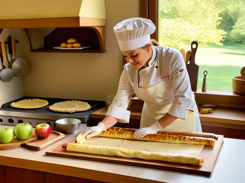  An ultradetailed photorealistic image of a professional pastry chef gracefully stretching a thin layer of dough for an apple strudel, with delicate apple slices and cinnamon sprinkled on a wooden table surrounded by vintage baking tools like rolling pins and pastry brushes. The warm, inviting kitchen is filled with soft natural light streaming through a window, highlighting the chef's focused expression and the intricate layers of the pastry. The scene captures the essence of the authentic apple strudel recipe preparation, exuding a sense of tradition and mastery in the art of German pastry making. hyperrealistic, full body, detailed clothing, highly detailed, cinematic lighting, stunningly beautiful, intricate, sharp focus, f/1. 8, 85mm, (centered image composition), (professionally color graded), ((bright soft diffused light)), volumetric fog, trending on instagram, trending on tumblr, HDR 4K, 8K