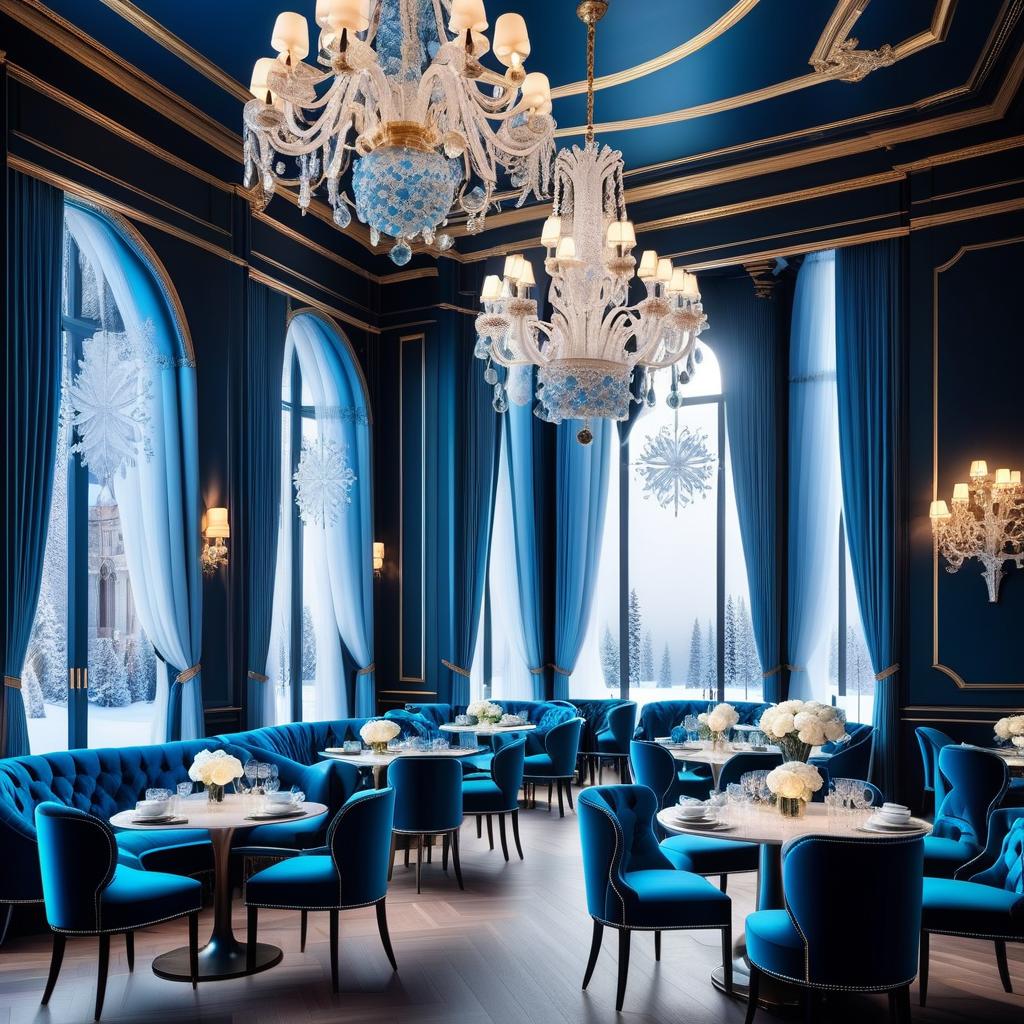  Luxury product style (Cafe interior). (Floor and walls):decorated with snowy intricate patterns of blue, white, silver snowflakes. (Furniture): elegant tables and chairs are forged from ice crystals and sparkle in the starlight. The windows are covered with openwork curtains made of frost. . Elegant, sophisticated, high end, luxurious, professional, highly detailed hyperrealistic, full body, detailed clothing, highly detailed, cinematic lighting, stunningly beautiful, intricate, sharp focus, f/1. 8, 85mm, (centered image composition), (professionally color graded), ((bright soft diffused light)), volumetric fog, trending on instagram, trending on tumblr, HDR 4K, 8K