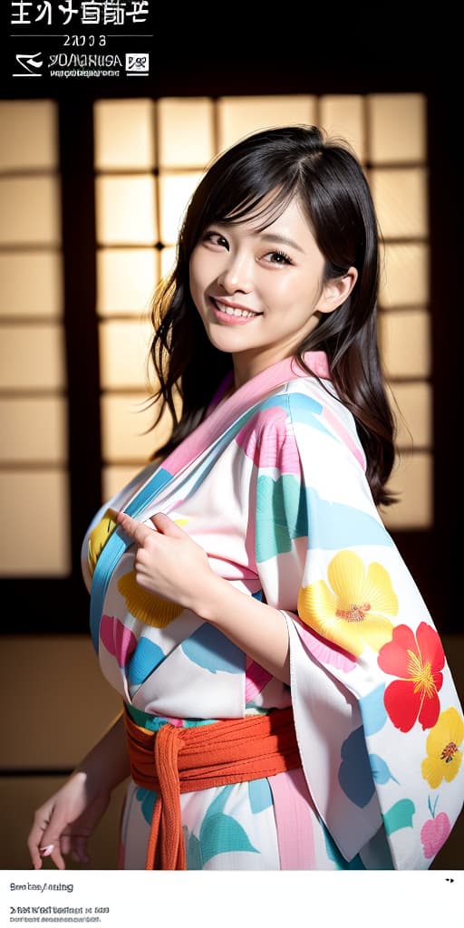  The bright kimono is large and the beautiful smile is attractive, (Masterpiece, BestQuality:1.3), (ultra detailed:1.2), (hyperrealistic:1.3), (RAW photo:1.2),High detail RAW color photo, professional photograph, (Photorealistic:1.4), (realistic:1.4), ,professional lighting, (japanese), beautiful face, (realistic face)