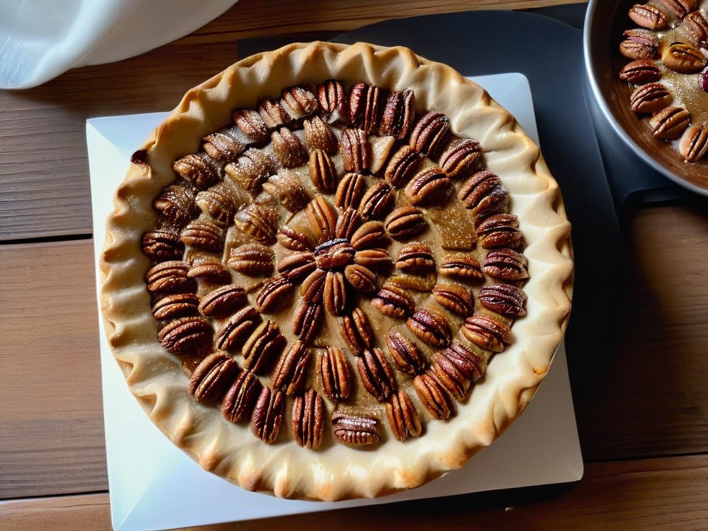  A highresolution, minimalist image of a freshly baked pecan pie resting on a rustic wooden table, surrounded by scattered pecans and a drizzle of warm caramel sauce, with a delicate dusting of powdered sugar on top. The golden crust of the pie glistens under a soft, natural light, showcasing the rich, caramelized pecan filling peeking through the perfectly flaky crust. hyperrealistic, full body, detailed clothing, highly detailed, cinematic lighting, stunningly beautiful, intricate, sharp focus, f/1. 8, 85mm, (centered image composition), (professionally color graded), ((bright soft diffused light)), volumetric fog, trending on instagram, trending on tumblr, HDR 4K, 8K