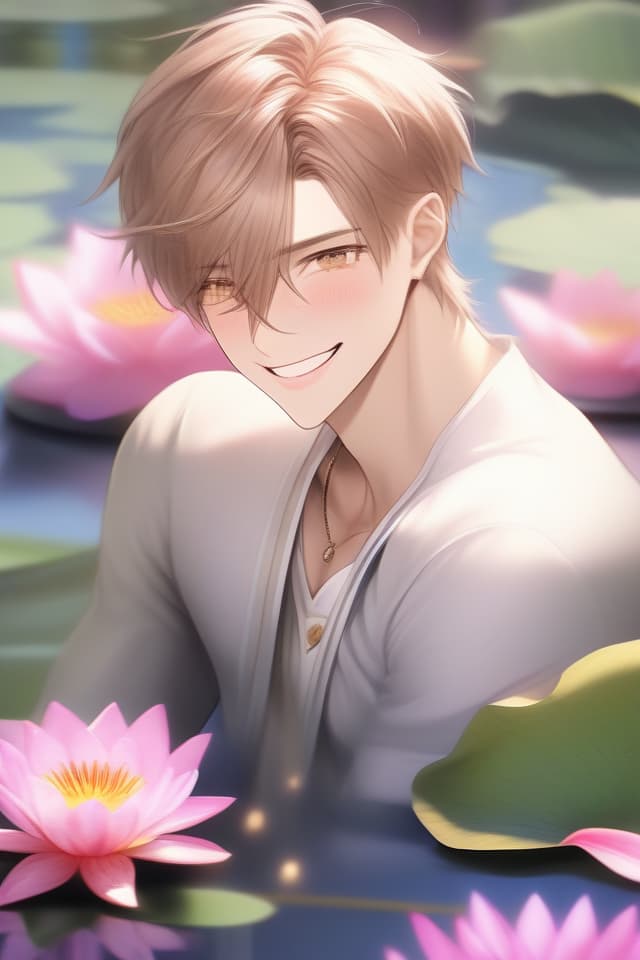  Masterpiece,(((a male))),delicate light brown hair color,short hair,(((archaic smile))),delicate face,(((larynx))),(((pink Water lilies flowers))),high quality,8K