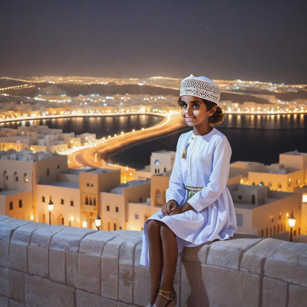  omani cute girl sitting in front of Muscat city at night,anime
