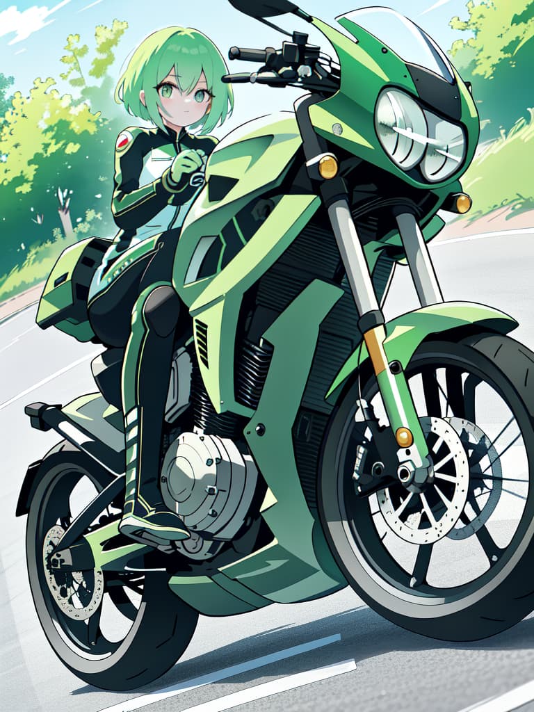  Motorcycle green hair character, detailed subject, precision shadow, delicate linear, detailed fine line, ultra high image quality, 4K, 8K, masterpiece, best quality,8k,ultra detailed,high resolution,an extremely delicate and beautiful,hyper detail