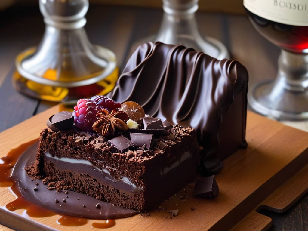  An ultradetailed closeup image of a piece of rich, dark chocolate slowly melting on a wooden board, surrounded by a selection of different wine glasses filled with various shades of red and white wines. The focus is on the intricate patterns forming as the chocolate melts, capturing the glossy texture and deep color of the chocolate against the elegant stems of the wine glasses, creating a visually striking and luxurious composition that conveys the essence of heavenly chocolate and wine pairings. hyperrealistic, full body, detailed clothing, highly detailed, cinematic lighting, stunningly beautiful, intricate, sharp focus, f/1. 8, 85mm, (centered image composition), (professionally color graded), ((bright soft diffused light)), volumetric fog, trending on instagram, trending on tumblr, HDR 4K, 8K