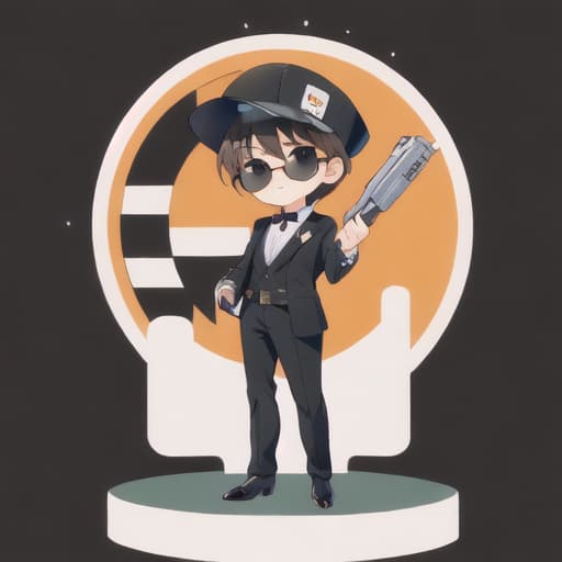  master piece , best quality,Black sunglasses, medium hat, black suit, male, miniature character