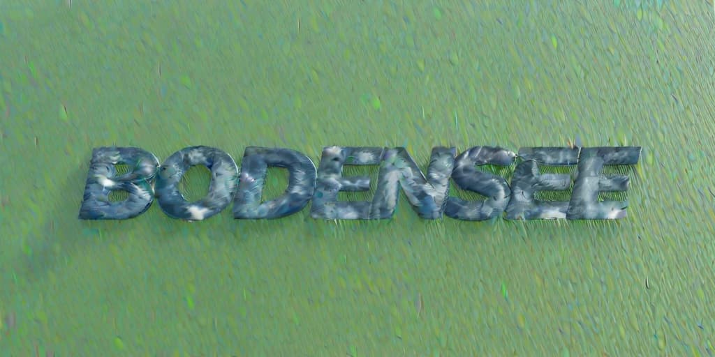  3D text "BODENSEE" looking like water, floating above Lake Constance, high resolution photo style.